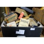 Boxed lot – small zipped cases, several spectacles, old school rulers, stationery etc