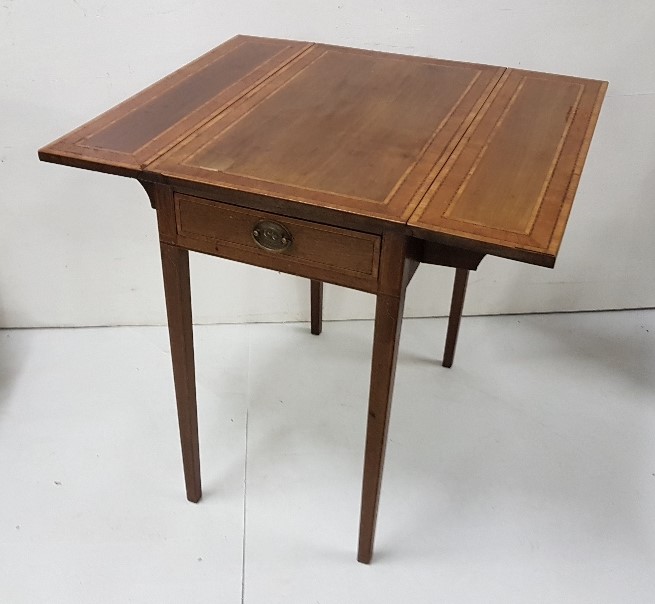 Edwardian Inlaid Mahogany Pembroke Table, with an apron drawer, on tapered legs, drop ends, 27”d, - Image 3 of 3