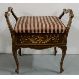 Edwardian Piano Stool with carrying side handles, marquetry inlaid front and back panels, hinged and