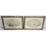 Matching pair of sepia oval mezzotints “Fishing Trawlers”,