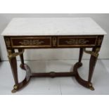 French Empire style Console Table, the rectangular white marble top over brass mounted aprons and