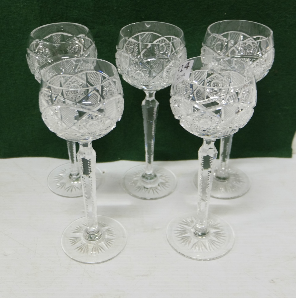 Matching set of 5 Cut Crystal Tall Stemmed Wine Glasses, faceted stems, each 8.5"h