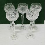 Matching set of 5 Cut Crystal Tall Stemmed Wine Glasses, faceted stems, each 8.5"h