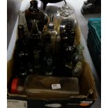 Group of glass bar items including coloured bottles, 2 distilling bottles etc