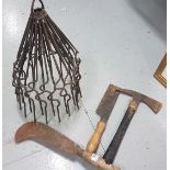 2 Antique Iron Chimney Cowls, spiralled (1 x 44cm, 1 x 36cm tall) & 3 hand tools – axe, hand sythe &