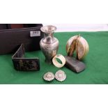 Box of items – small Deco Vase, mother of pearl trinket box, sharpening stone, pair costume