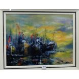 NIALL CAMPION – Ships in a Dublin Harbour (Skerries, Dublin), Oil on Canvas, 45cm x 60cm in an ebony