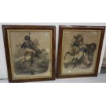 Pair of late 19th C Lithographs - French military blue jacketed figures with horses, published