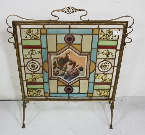 Late 19th C Firescreen, brass framed with stained glass coloured panes featuring flowers and a - Image 3 of 3