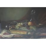 KEN HAMILTON – Still Life – Grapes and Bread, Oil on Board, 45cm x 59cm in gold coloured frame