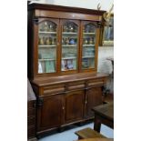 Victorian Country Mahogany Bookcase, 3 upper glazed doors enclosing paper lined shelves, above a