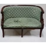 2-Seater Mahogany and Framed Settee, green and gold padded back and seat, swan neck and wing