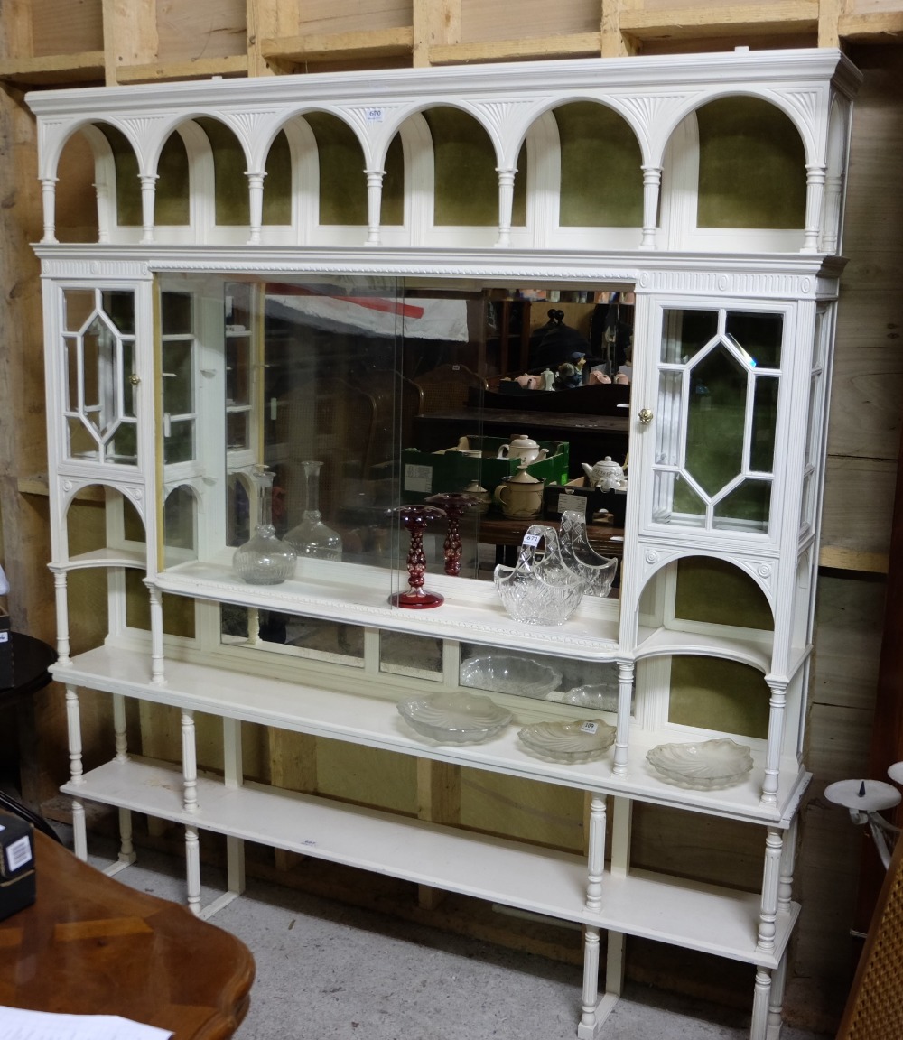Edwardian white display cabinet with a panelled glass back over 2 tier base (would suit for shop