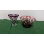 2 x Bohemian pieces of Cut Glass - red overlay Fruit Bowl, 8"w x 5"h and purple overlay bell shape