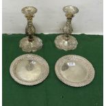 Matching Pair of Continental Silver Plate Candlesticks (each 9”h) & a Matching Pair of Sl Pl