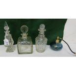 4 Perfume Bottles – 3 Cut Glass & one blue overlay (4)