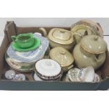 2 boxes of various coloured porcelain incl a 3-piece green Wedgewood boat-shaped Teapot set (chips),