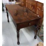 Country mahogany finish rectangular shaped Table with apron drawer, front and back turned legs, 54"w