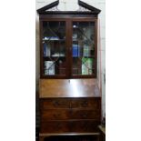 19th C mahogany Bureau Bookcase, swan neck pediment over Chippendale fretwork, 2 astragal glazed