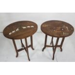 Similar Pair of low Occasional Tables, Indian rosewood, with elephant etc patterns, each 15” dia x