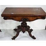 Victorian Walnut fold over Card Table with decorative frieze lined with floral detail on central