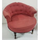 Victorian deep framed Tub Chair with low bowed back on turned front legs with upholstered seat, 31”d