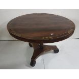 19thC Circular Rosewood Dining / Centre Table, the top and circular apron inlaid with brass
