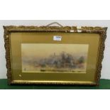 19th C Watercolour, Rural village with church in background, initialled JC, 16cm x 34cm in moulded