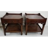 Matching Pair of mahogany low sized Tray Top Side Tables, stretcher shelf, each 20"sq x 19.5"h