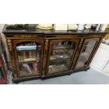 19th C ebonised Credenza, with brass beading inlaid with satinwood and walnut, break front, on