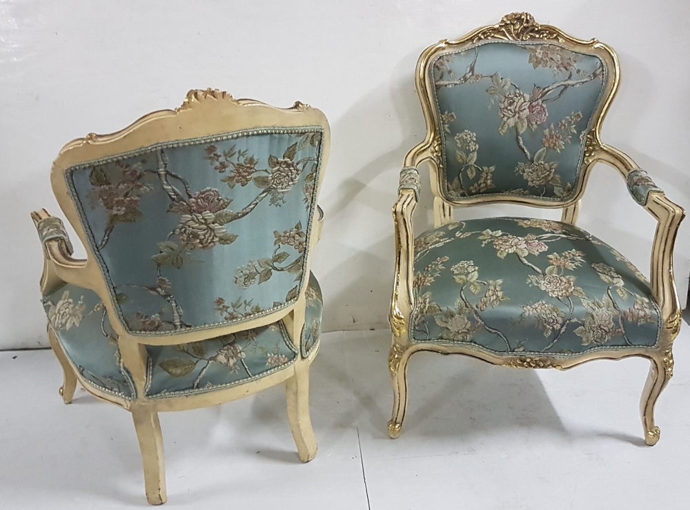 Matching pair of decorative carved wood Armchairs, cream with gold highlights with floral design - Image 2 of 2