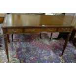 Good quality mahogany Writing Table with brown leather writing top, gold tooling, above 3 oak