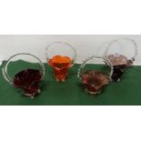 4 decorative various coloured glass Baskets with clear handles, 6”- 8” dia