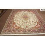 Ivory Ground Persian Tabriz Carpet, all over ivory medallion design. 2.96m x 2.6m