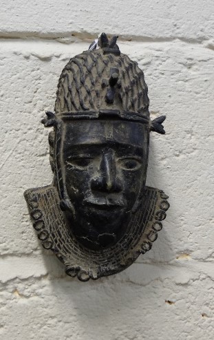 Bronze Mask of a Tribal Man Wearing a Headdress, from Benin, Nigeria, 9”h x 5”w