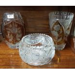 Two Bohemian Glass Vases with amber panels etched with floral designs and oval cut glass fruit bowl,