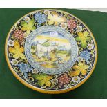 Hand painted Italian Charger Plate, circular, floral border with farming figures centrepiece, 17”