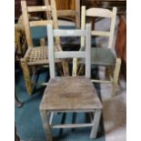 4 Irish Antique Pine Sugan Chairs (2 & 2), rush seats