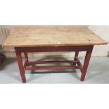 Vintage Country Pine Kitchen Table, on stretcher base, painted red, 48”l x 25”w x 28”h
