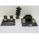 Two black marble Desk Stands, each with double ink wells (some chips) and a plume shaped letter rack