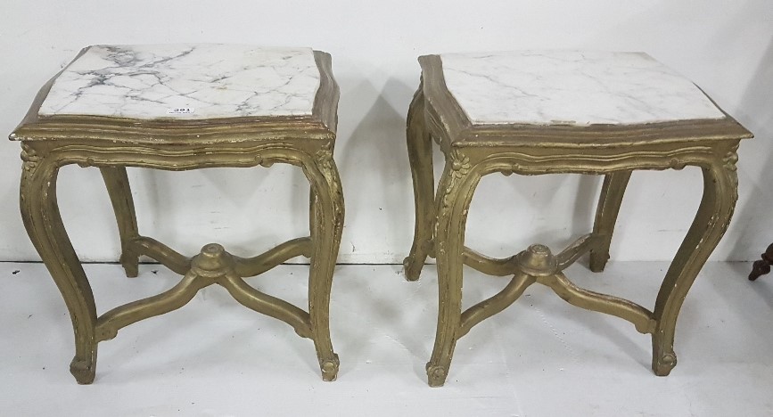 Matching pair of white marble top low sized Side Tables, on carved wood bases, painted gold, - Image 2 of 2