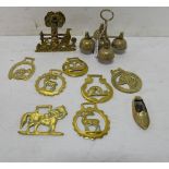 7 x Horse Brasses (animal figures), brass bell, Ireland souvenir and ashtray (10)