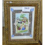 Persian Horseback montage in an inlaid frame & a fabric panelled wall picture – figures in