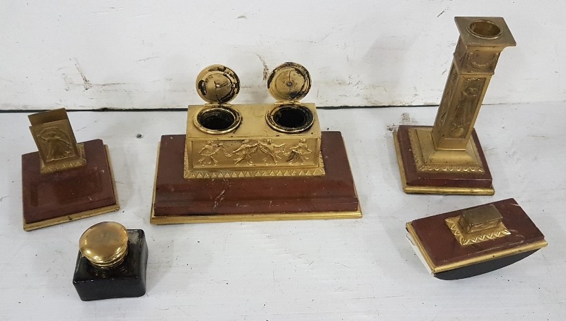 4 Piece Brass Mounted Red Marble Desk Set incl. a blotter, double inkwell, candlestick & a match box