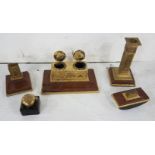 4 Piece Brass Mounted Red Marble Desk Set incl. a blotter, double inkwell, candlestick & a match box