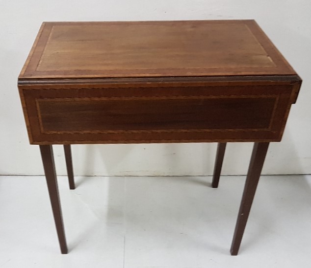 Edwardian Inlaid Mahogany Pembroke Table, with an apron drawer, on tapered legs, drop ends, 27”d, - Image 2 of 3