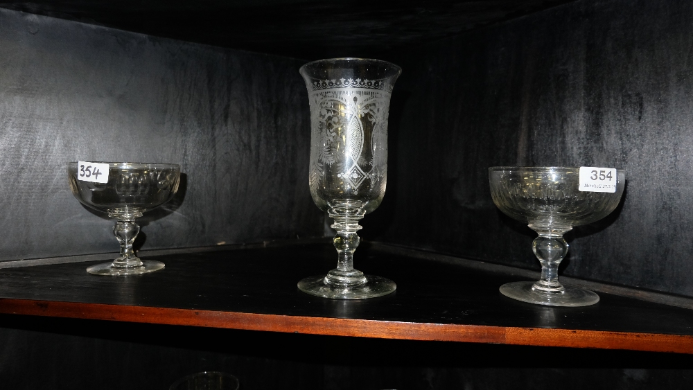 Group of Glassware – tall etched chalice on stem, pair of cut glass bowls on stems, various sized - Image 2 of 2