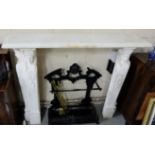 White Marble Fireplace, the 59”w mantle over two double-sided pillars featuring classic Greek lady’