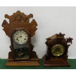 2 Mantel Clocks in oak cases, one Waterbury Gingerbread & one Ansonia (2)