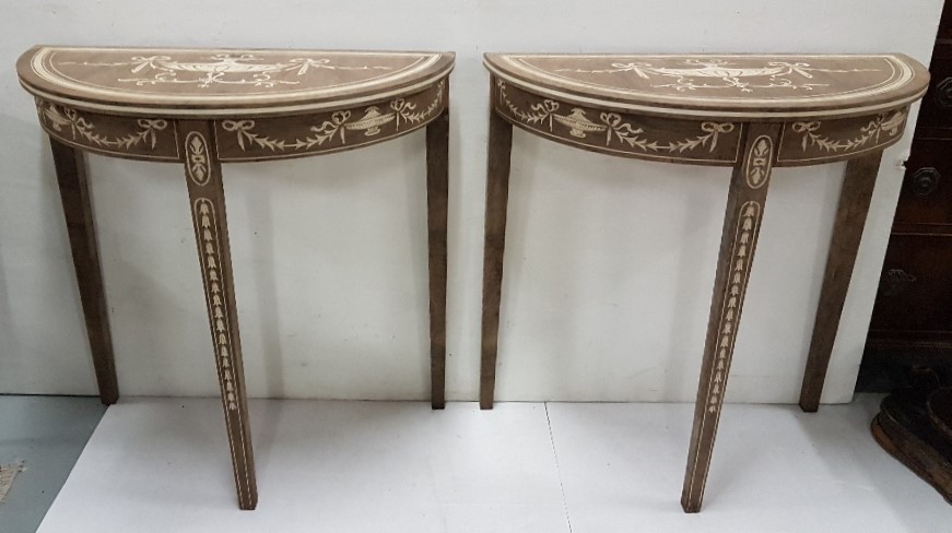 Matching Pair of Sheraton Design Bow-Fronted Side Tables, featuring classic urns and swags, on 3